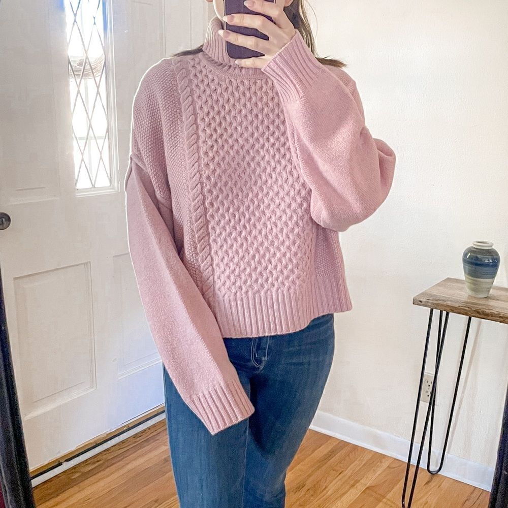 ATM Wool Cable Knit Turtleneck Sweater Blush Pink